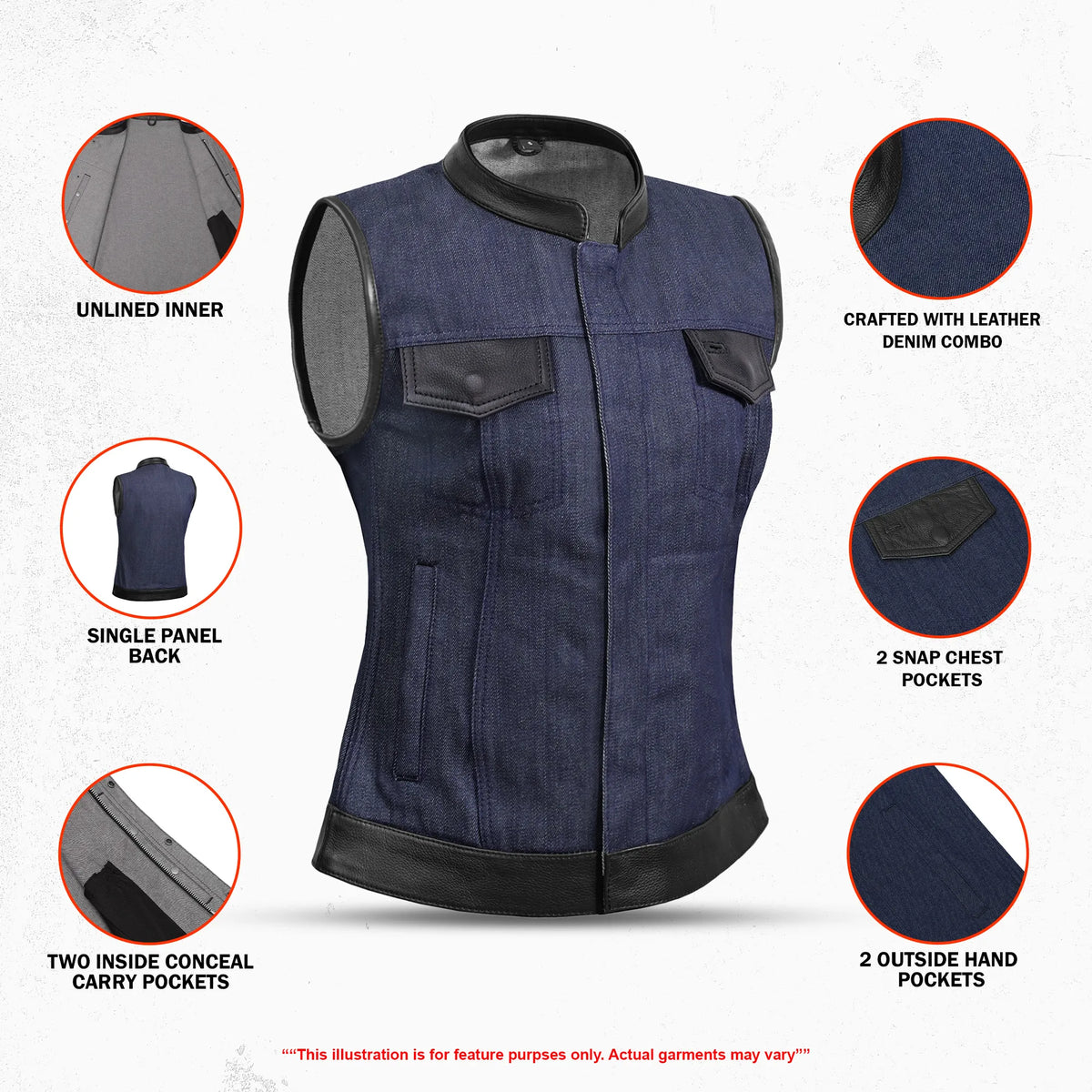 DM964 Women's Broken Blue Rough Rub-Off Raw Finish Denim Vest W/Leather Trim