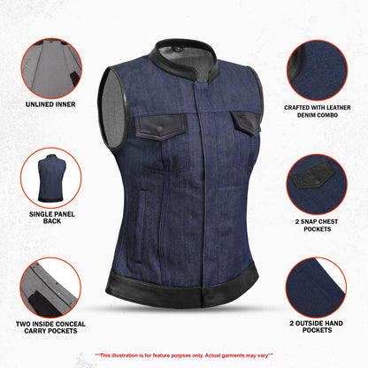 DM964 Women's Broken Blue Rough Rub-Off Raw Finish Denim Vest W/Leather Trim
