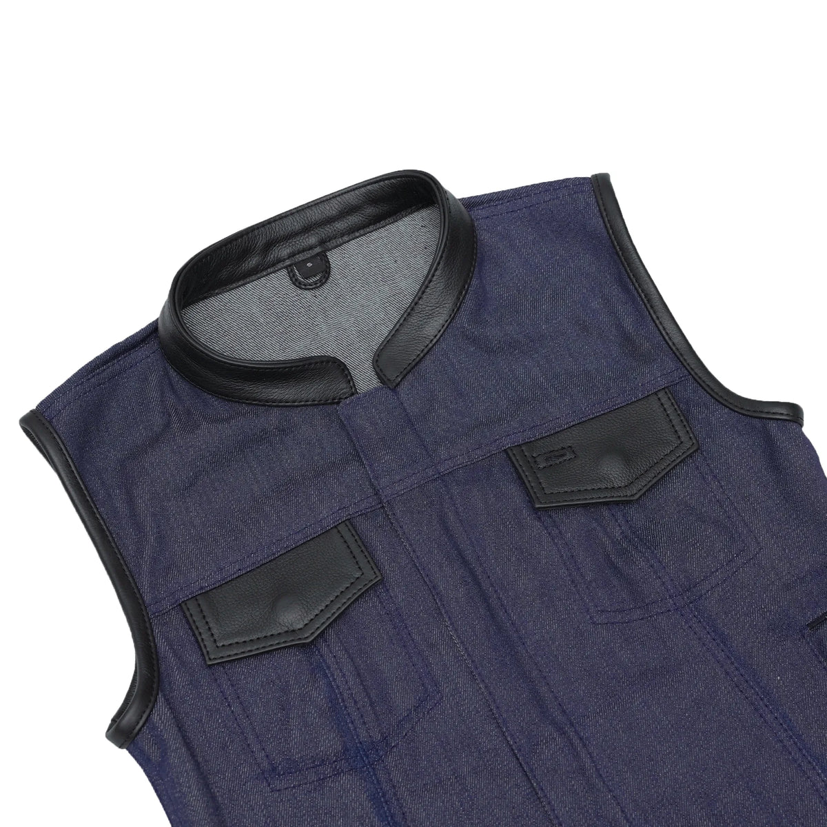 DM964 Women's Broken Blue Rough Rub-Off Raw Finish Denim Vest W/Leather Trim