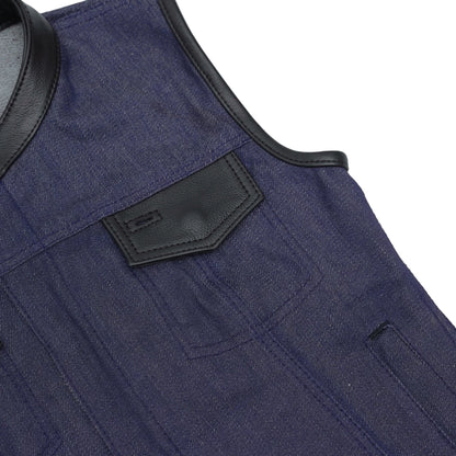 DM964 Women's Broken Blue Rough Rub-Off Raw Finish Denim Vest W/Leather Trim