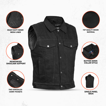 DM970BK Snap Front Denim Vest- Black
