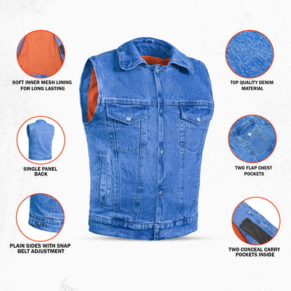 DM970BU Snap Front Denim Vest- Blue
