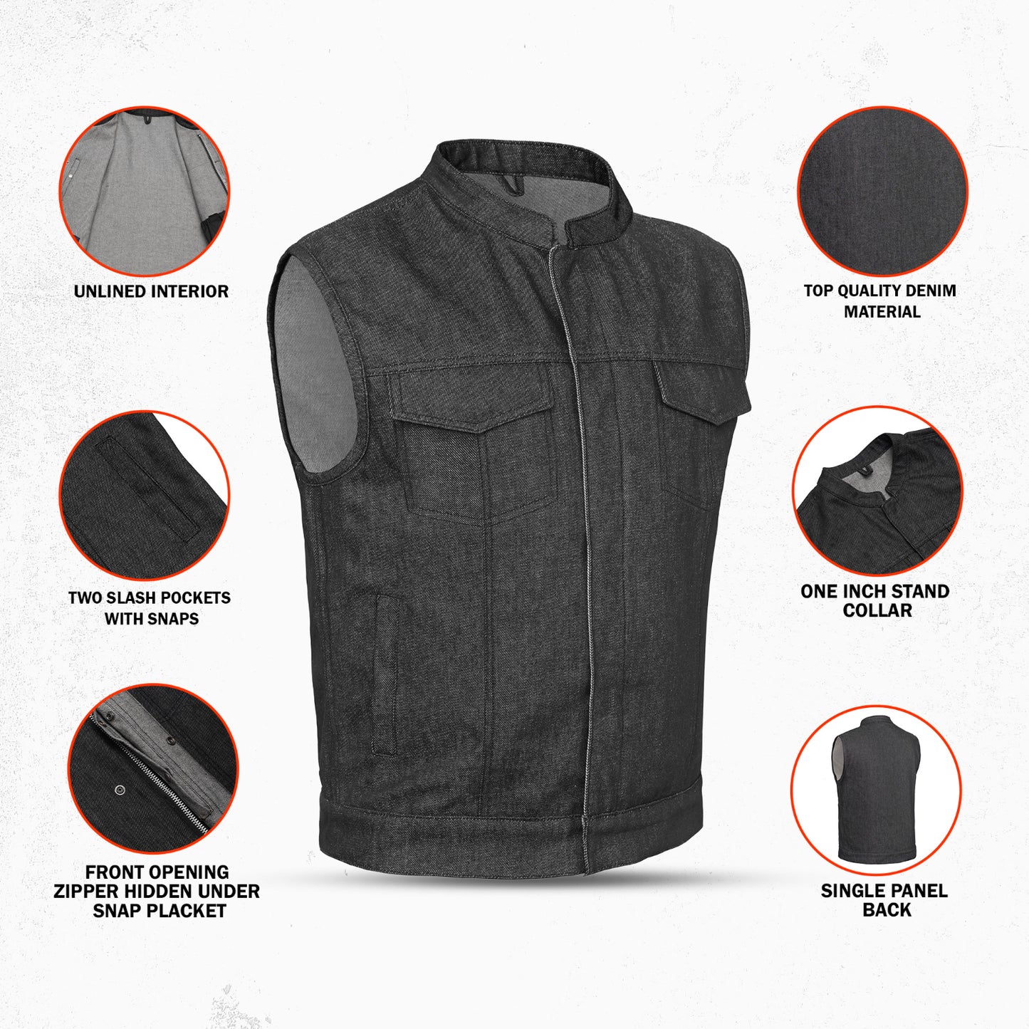 DM977 Men's Rough Rub-Off Raw Finish Denim Vest