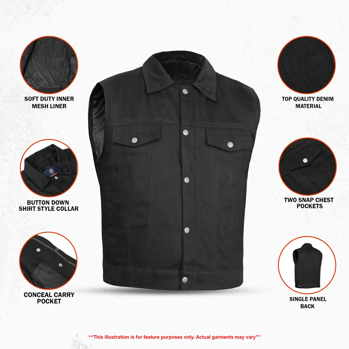 Pulse Men's Denim Motorcycle Vest - Black