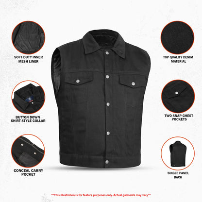 Pulse Men's Denim Motorcycle Vest - Black