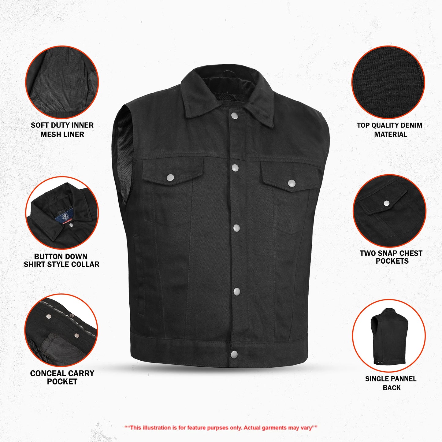 DM979BK Snap/Zipper Front Denim Vest- Black