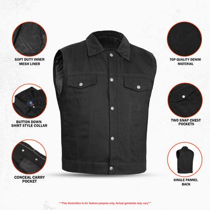 DM979BK Snap/Zipper Front Denim Vest- Black