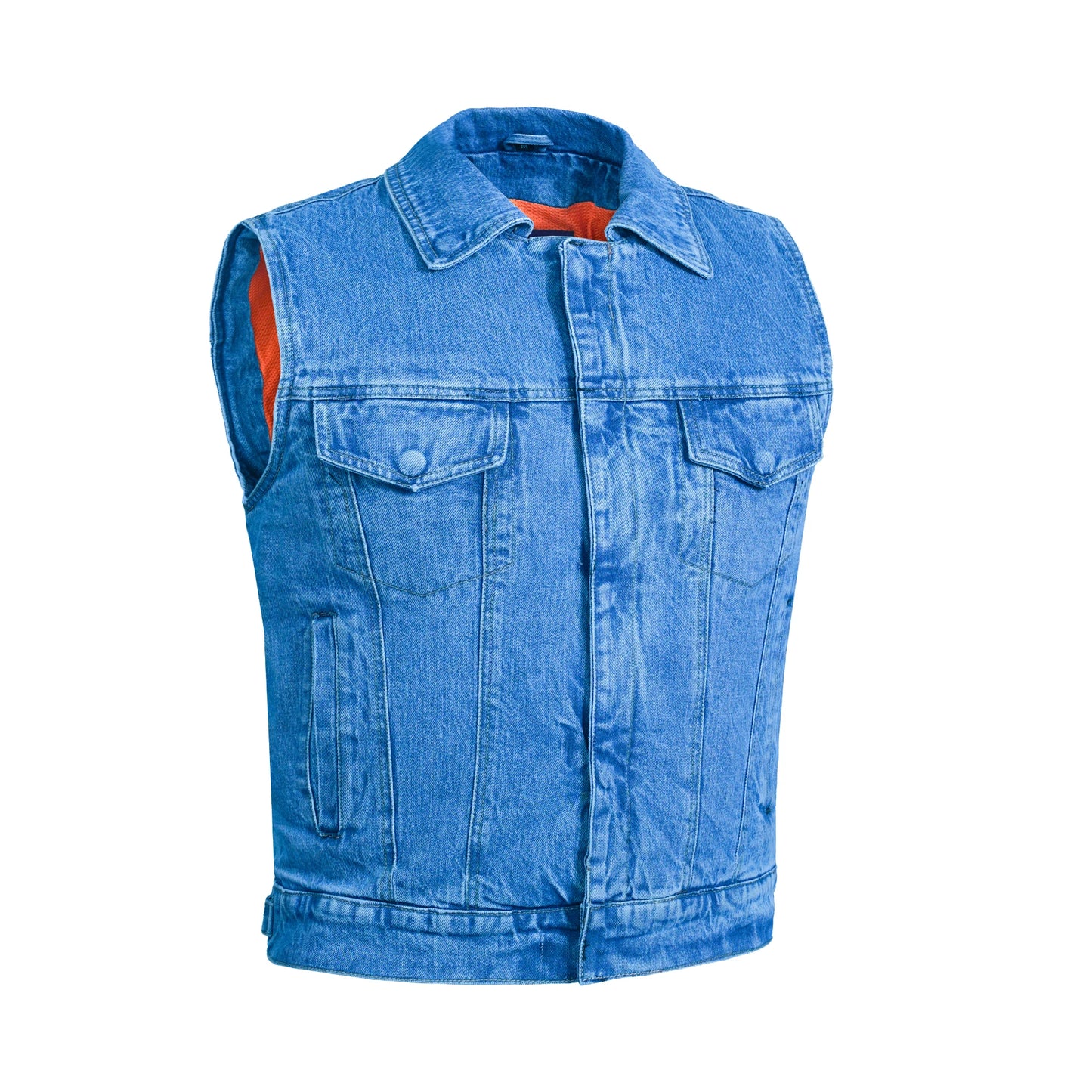 DM979BU Snap/Zipper Front Denim Vest- Blue