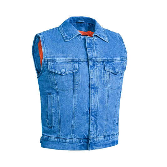 DM979BU Snap/Zipper Front Denim Vest- Blue