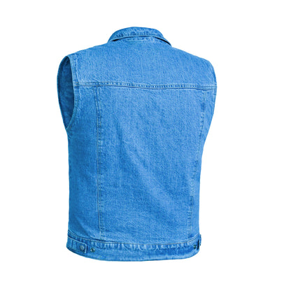 DM979BU Snap/Zipper Front Denim Vest- Blue
