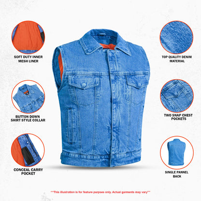 DM979BU Snap/Zipper Front Denim Vest- Blue