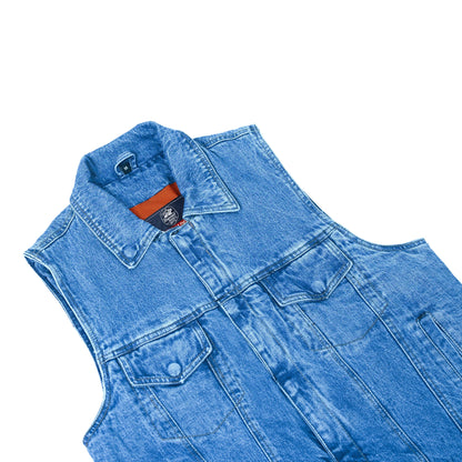DM979BU Snap/Zipper Front Denim Vest- Blue