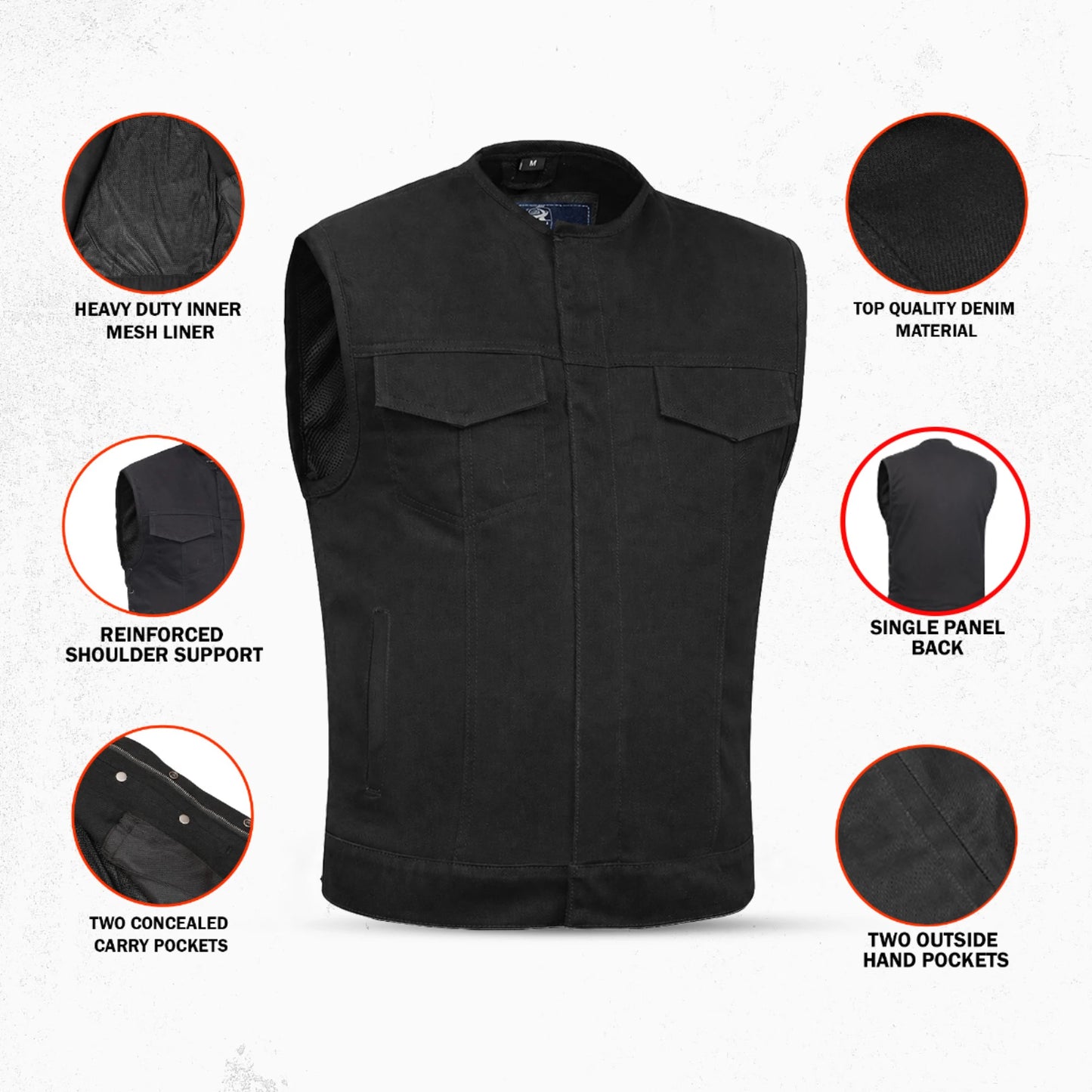 DM981BK Mad Max Men's Denim Motorcycle Vest
