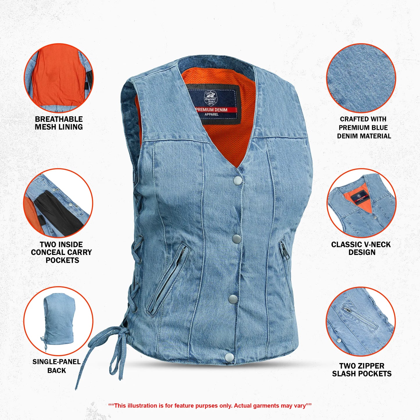 DM997 Women's Single Back Panel Concealed Carry Denim Vest - Blue