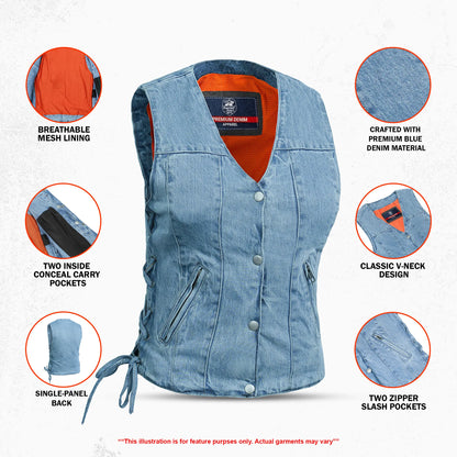 DM997 Women's Single Back Panel Concealed Carry Denim Vest - Blue