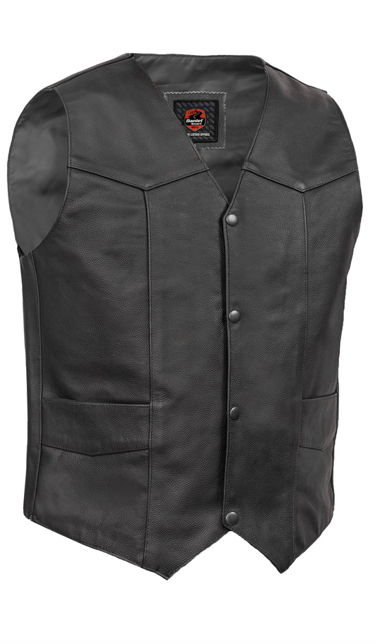 Black leather vest with a brand logo on a white background