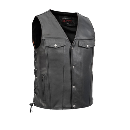 DS124 Men's Black Leather Vest with Side Laces and Gun Pockets