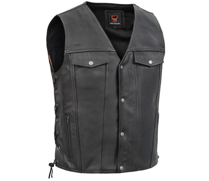 DS124 Men's Black Leather Vest with Side Laces and Gun Pockets