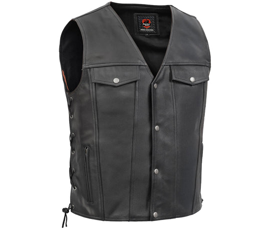 DS124 Men's Black Leather Vest with Side Laces and Gun Pockets