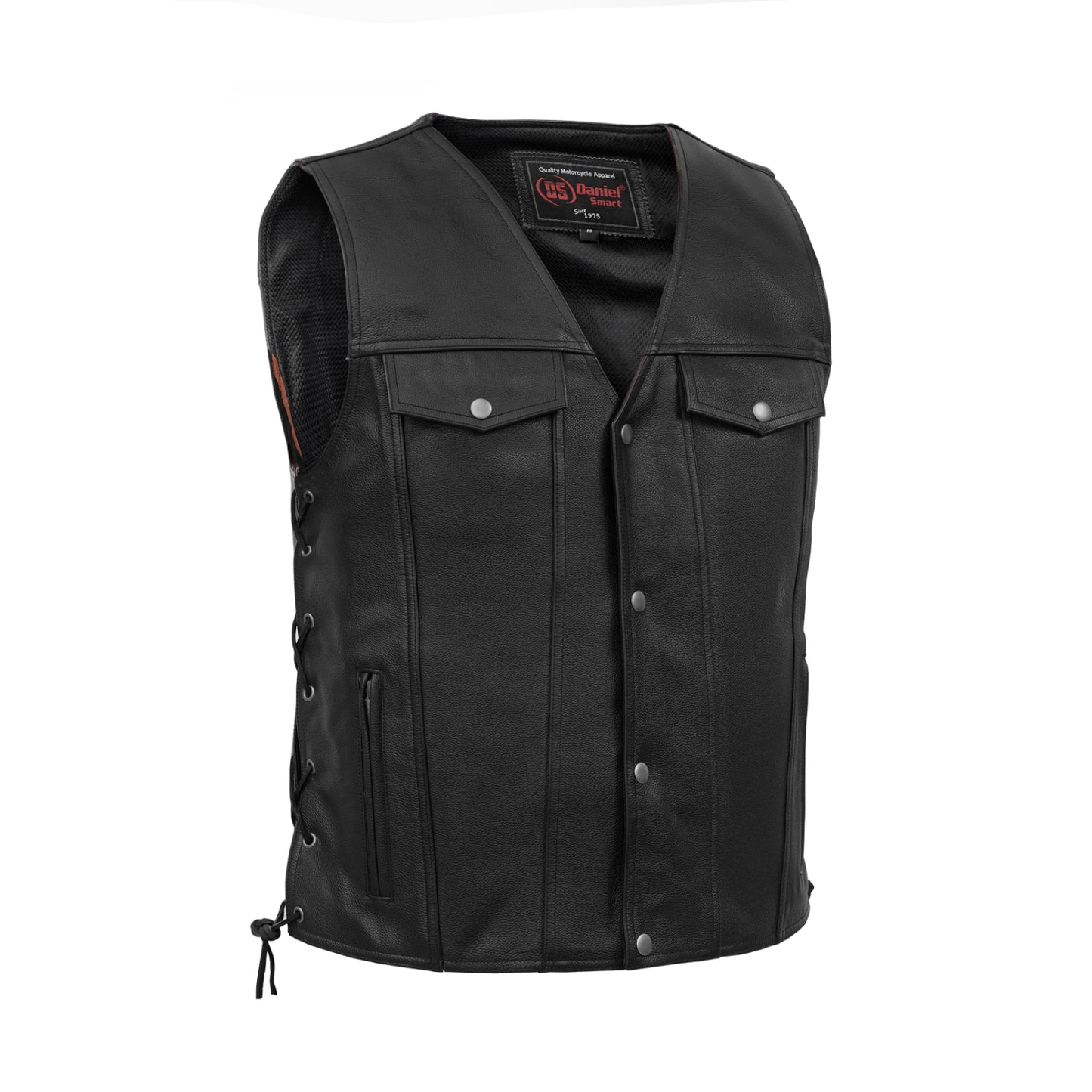 DS124 Men's Black Leather Vest with Side Laces and Gun Pockets