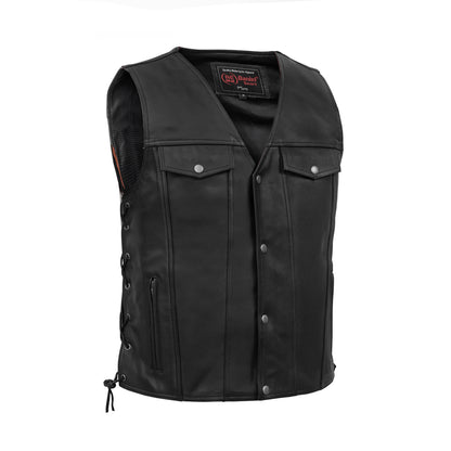 DS124 Men's Black Leather Vest with Side Laces and Gun Pockets