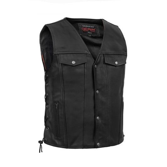 DS124 Men's Black Leather Vest with Side Laces and Gun Pockets