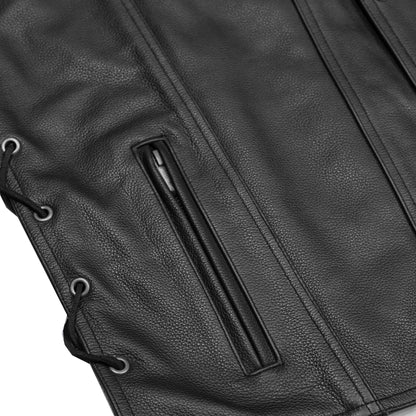 DS124 Men's Black Leather Vest with Side Laces and Gun Pockets