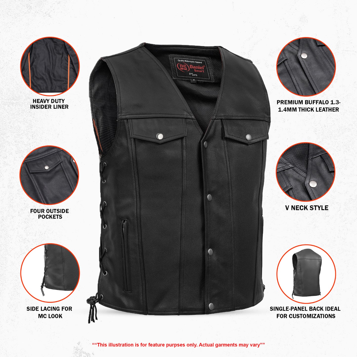 DS124 Men's Black Leather Vest with Side Laces and Gun Pockets