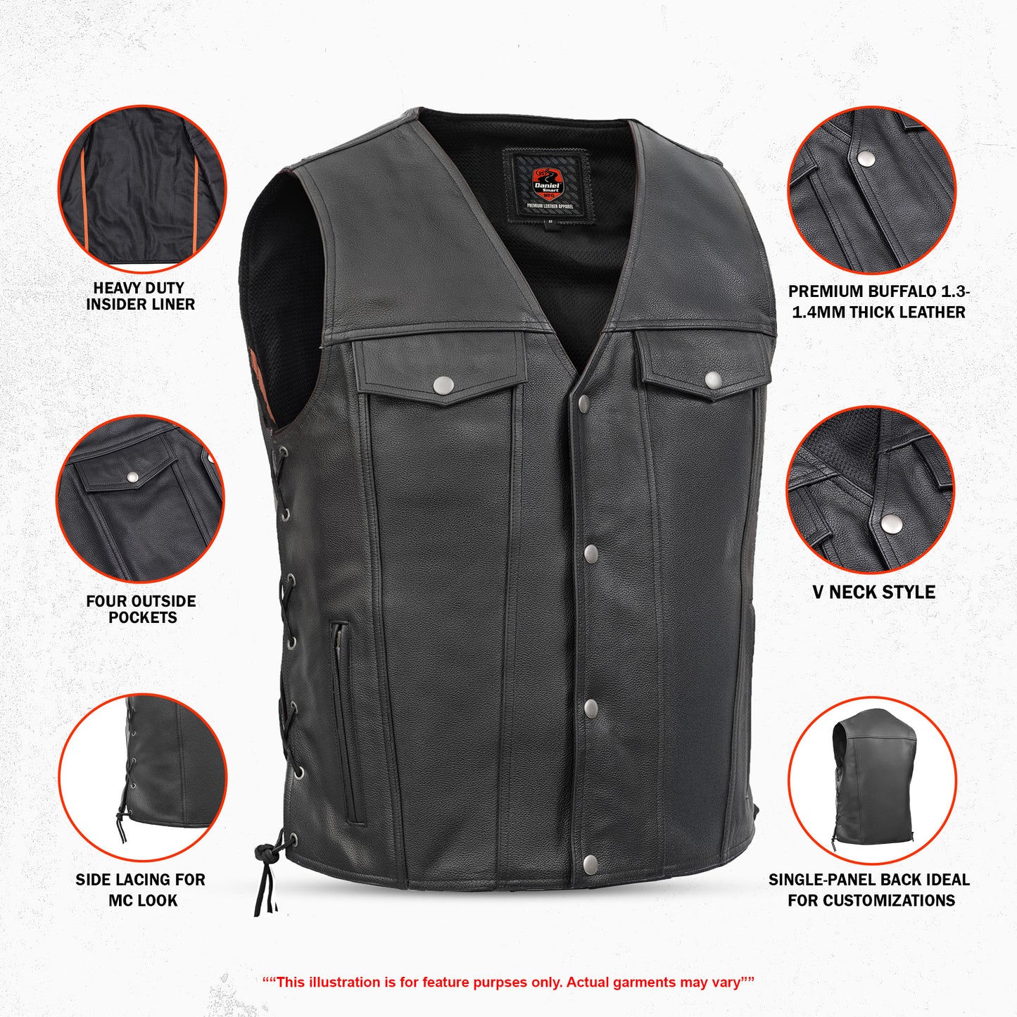 DS124 Men's Black Leather Vest with Side Laces and Gun Pockets