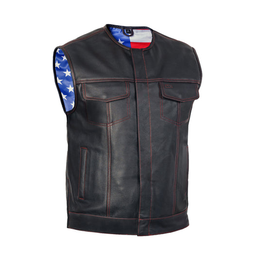 DS155 Men's Leather Vest with Red Stitching and USA Inside Flag Lining