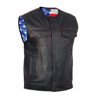 DS155 Men's Leather Vest with Red Stitching and USA Inside Flag Lining