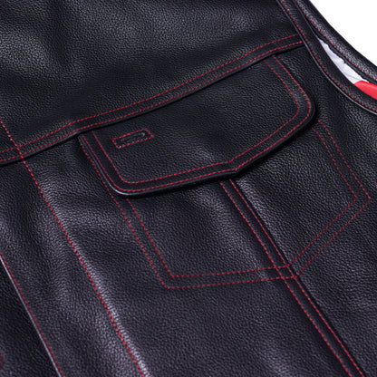 DS155 Men's Leather Vest with Red Stitching and USA Inside Flag Lining