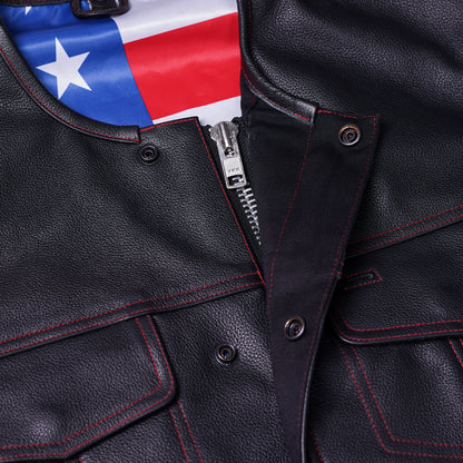 DS155 Men's Leather Vest with Red Stitching and USA Inside Flag Lining