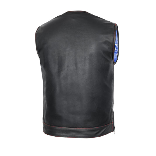 DS155 Men's Leather Vest with Red Stitching and USA Inside Flag Lining