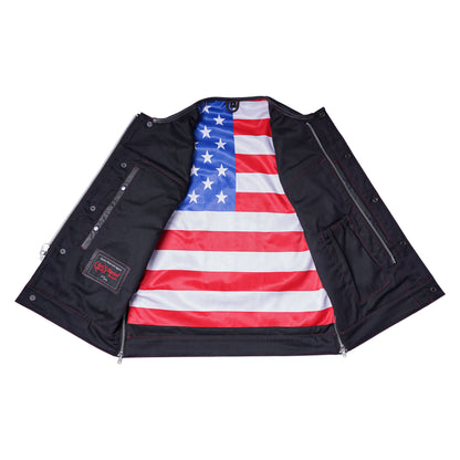DS155 Men's Leather Vest with Red Stitching and USA Inside Flag Lining