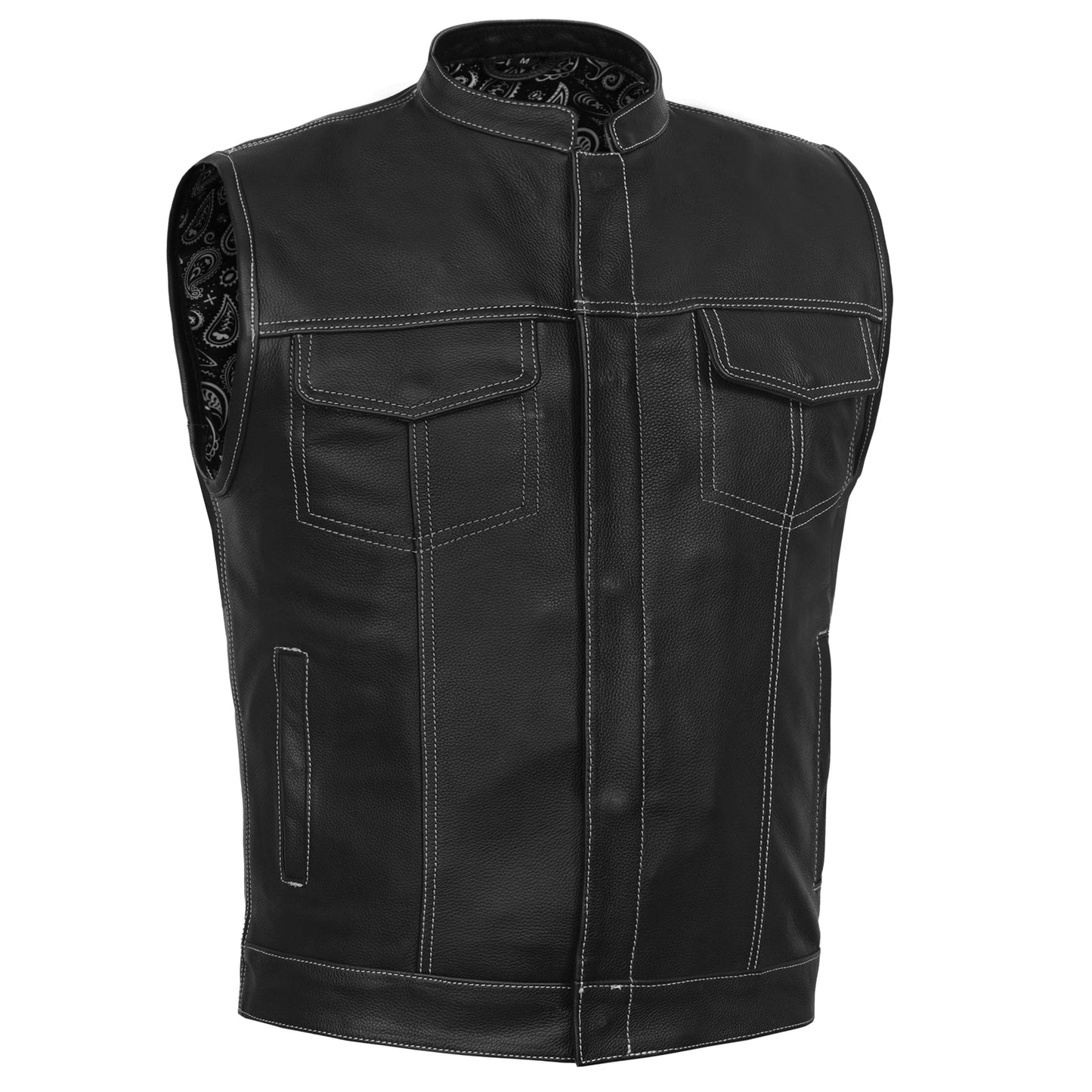 DS164 Men's Paisley Black Leather Motorcycle Vest with White Stitching