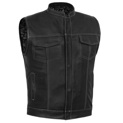 DS164 Men's Paisley Black Leather Motorcycle Vest with White Stitching