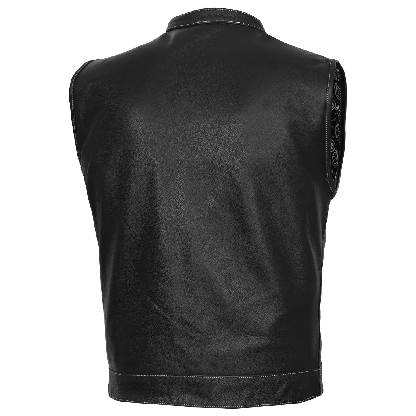 DS164 Men's Paisley Black Leather Motorcycle Vest with White Stitching