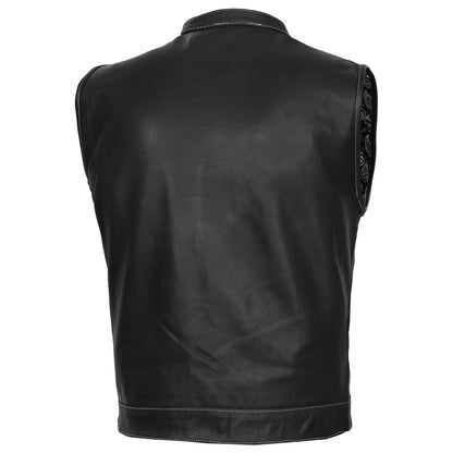 DS164 Men's Paisley Black Leather Motorcycle Vest with White Stitching