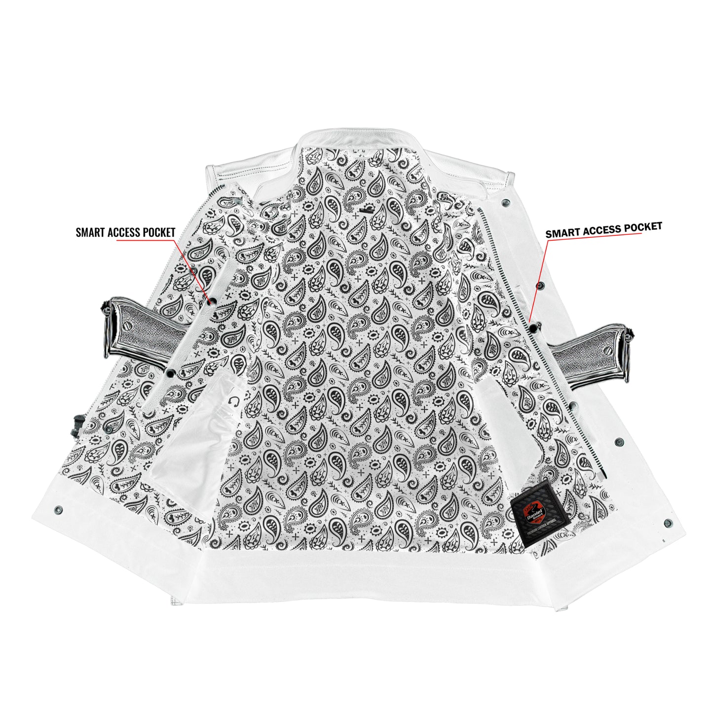DS164 Men's Paisley Black Leather Motorcycle Vest with White Stitching