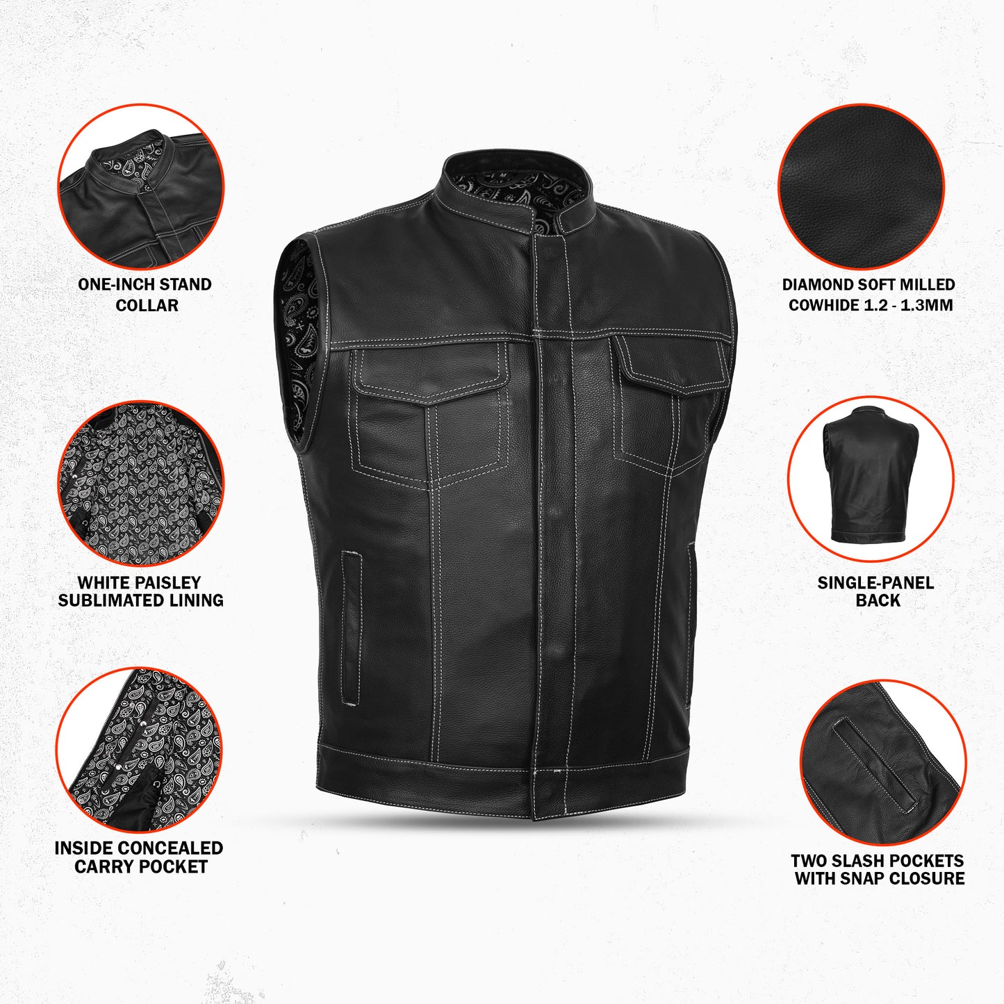 DS164 Men's Paisley Black Leather Motorcycle Vest with White Stitching