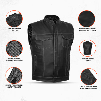 DS164 Men's Paisley Black Leather Motorcycle Vest with White Stitching