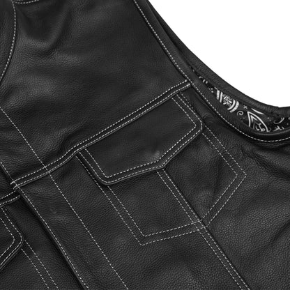 DS164 Men's Paisley Black Leather Motorcycle Vest with White Stitching