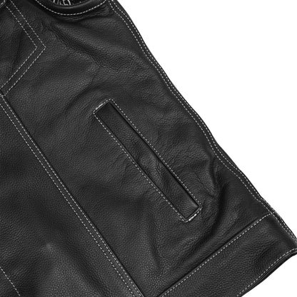 DS164 Men's Paisley Black Leather Motorcycle Vest with White Stitching