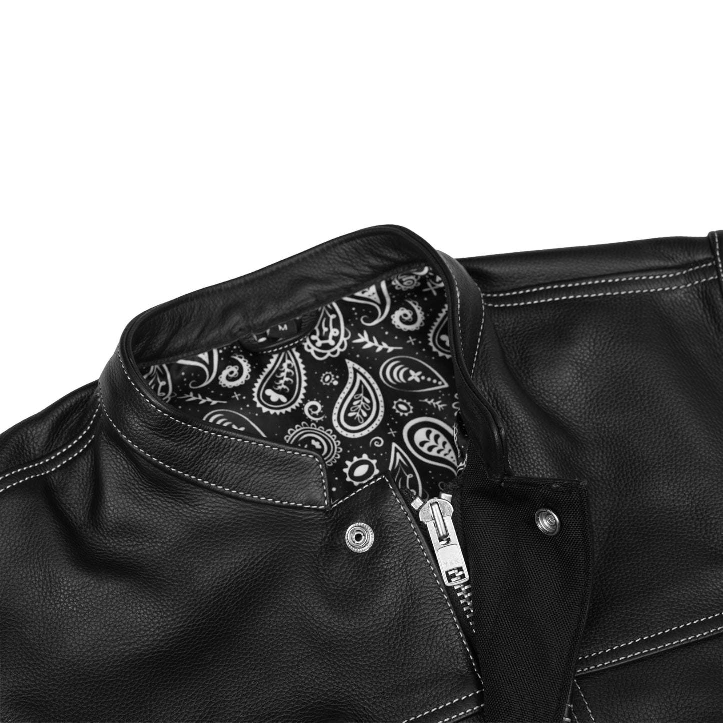 DS164 Men's Paisley Black Leather Motorcycle Vest with White Stitching