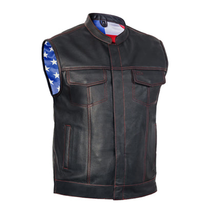 DS165 MEN'S LEATHER VEST WITH RED STITCHING AND USA INSIDE FLAG LININ