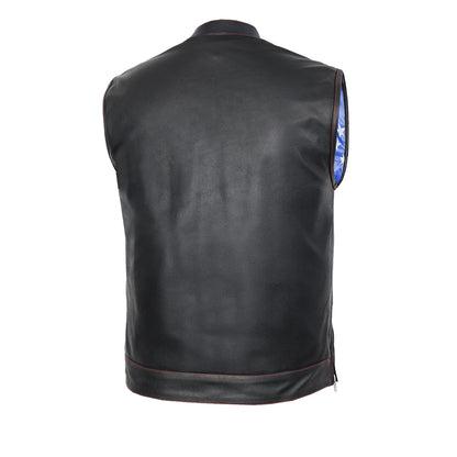 DS165 MEN'S LEATHER VEST WITH RED STITCHING AND USA INSIDE FLAG LININ