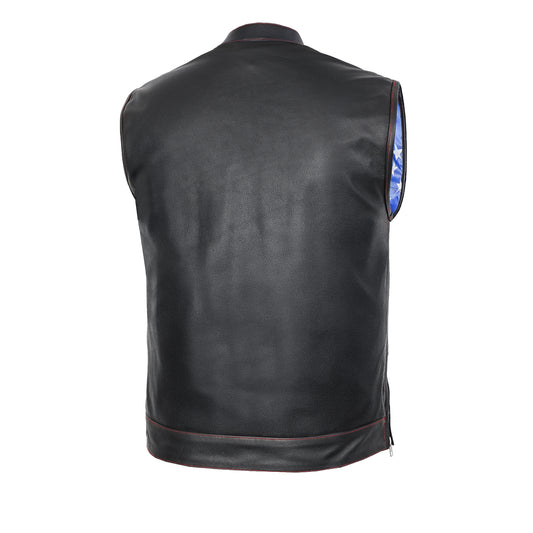 DS165 MEN'S LEATHER VEST WITH RED STITCHING AND USA INSIDE FLAG LININ