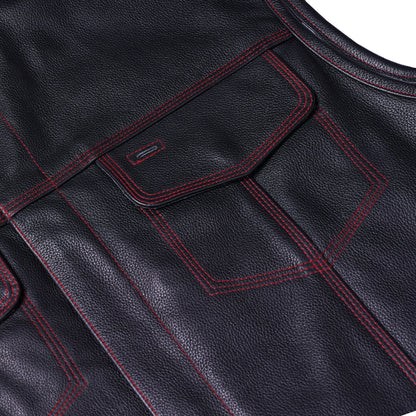 DS165 MEN'S LEATHER VEST WITH RED STITCHING AND USA INSIDE FLAG LININ