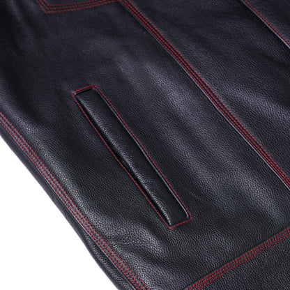 DS165 MEN'S LEATHER VEST WITH RED STITCHING AND USA INSIDE FLAG LININ